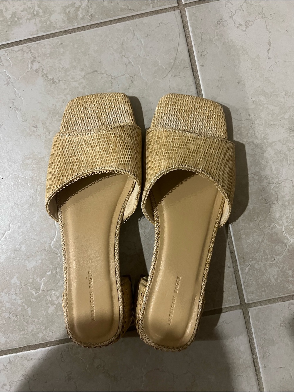 Woven Square-Toe Slide Sandals in Natural